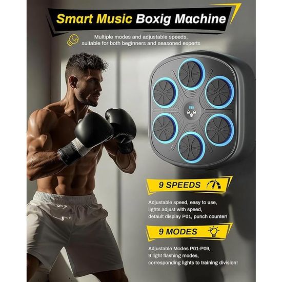 Machine De Boxe Musicale Murale Pour Adultes - Gants Inclus, 9 Modes & Vitesses, Entraînement Fun à Domicile