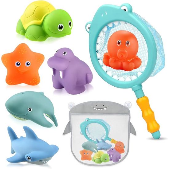 BITOYO Jouet De Bain Bébé – 8 Animaux Flottants Avec Filet De Pêche Et Sac De Rangement – Pousse-Sons Et Changement De Couleur – Cadeau Bébé 1 2 3 Ans