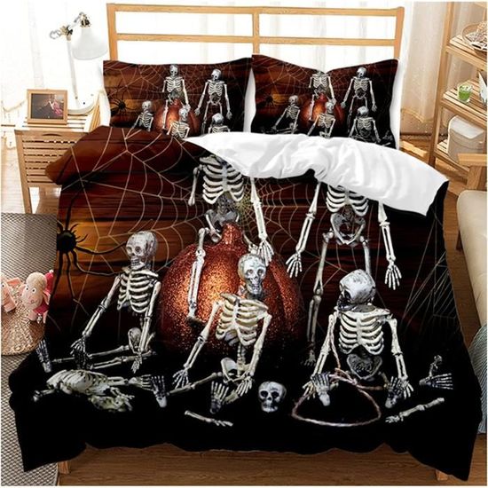 Parure De Lit Halloween Corbeau Crâne 220x240cm - Housse De Couette Coton, 3 Pièces, Décor Horreur - 7