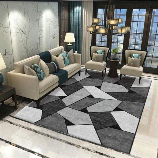 Tapis Chambre Adulte Géométrique Bleu Gris 180x250cm - Polyester Antidérapant - Moderne, Facile à Nettoyer