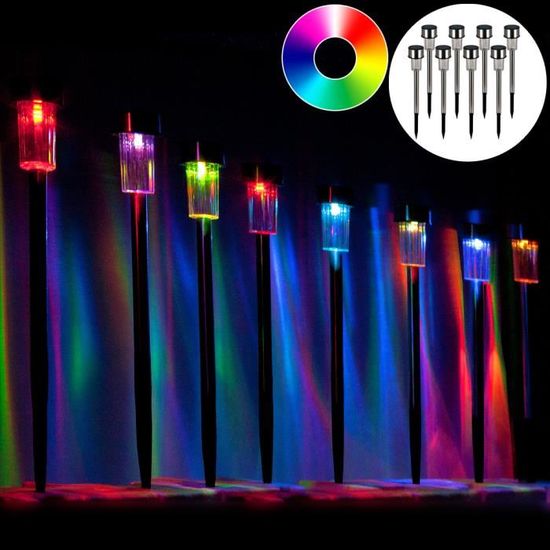 Lampes solaires de Jardin - DEUBA - Lot de 8 lumières LED - Blanc chaud ou multicolore - Acier inoxydable