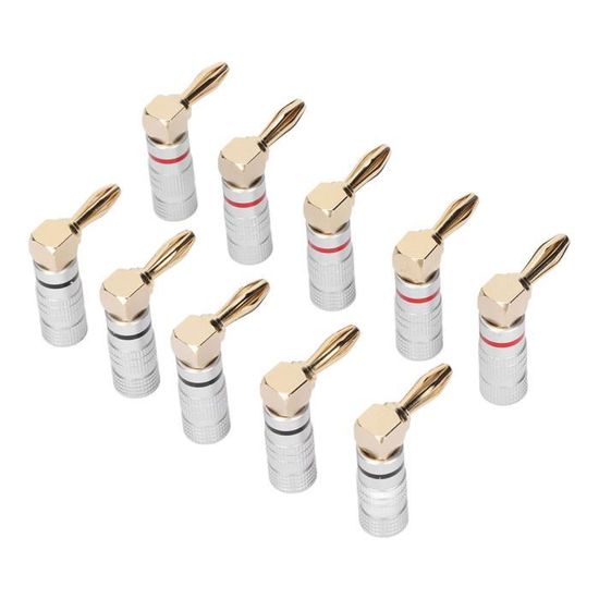 10 Fiches Banane 4mm Cuivre Plaqué Or - 5 Rouges + 5 Noires, 32A, Pour Enceintes, Amplis, Câbles Audio - 7