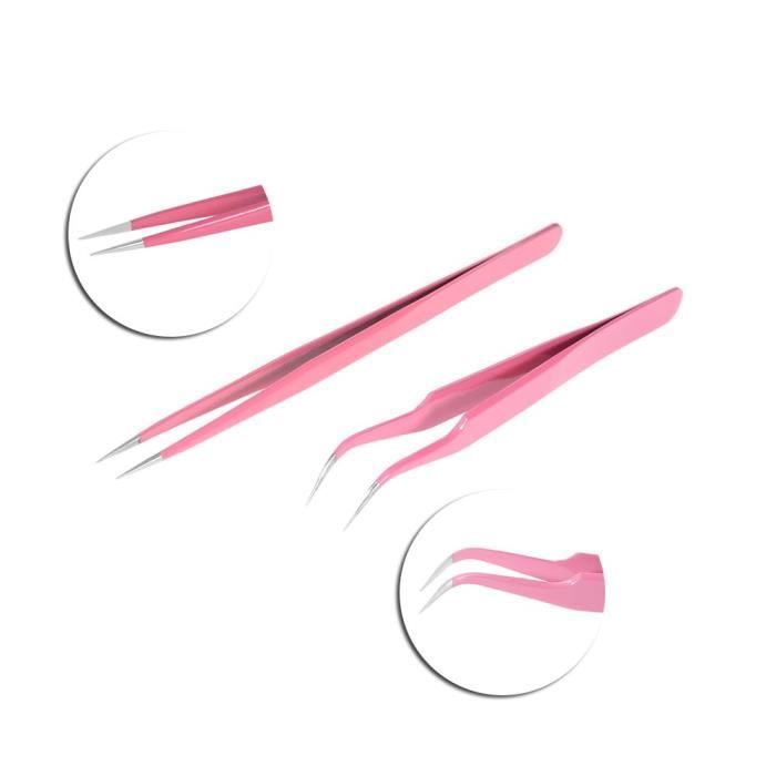 Faux-cils Anself 2pcs - set en acier inoxydable rose droite-courbé pince à ongles pinces outils pinces extension de cils 534