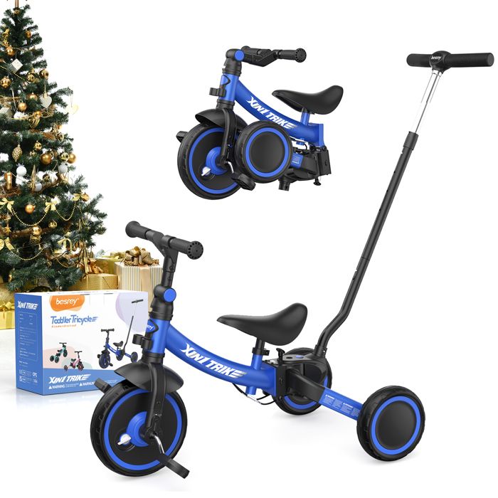 BESREY 7 en 1 Tricycle pour enfants Draisienne Multifonctions Poussoir Réglable Bleu