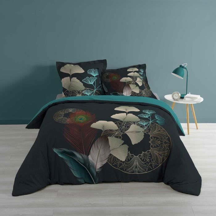 CDaffaires Housse de couette 260 x 240 cm coton 57 fils Ginkoblue