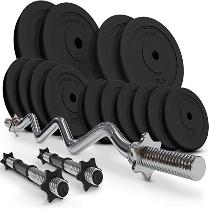 Physionics® Barres avec Disques de Poids (56 kg) - Curl Barre EZ (120 cm / Ø 30 mm), 2 Barres d'Haltères et Disques (Ø 31 mm) - Gym
