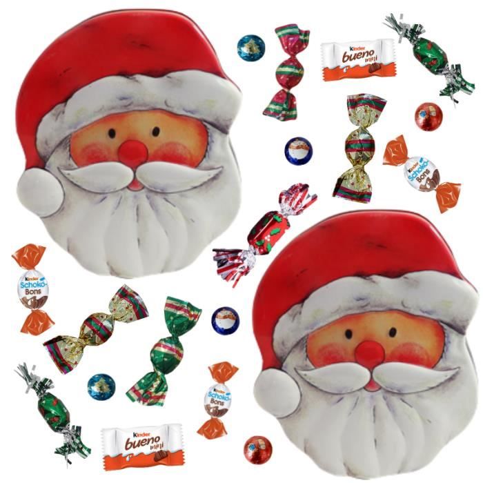 2 boites Père Noël garnies d'un assortiment de chocolats KINDER et papillotes de Noël