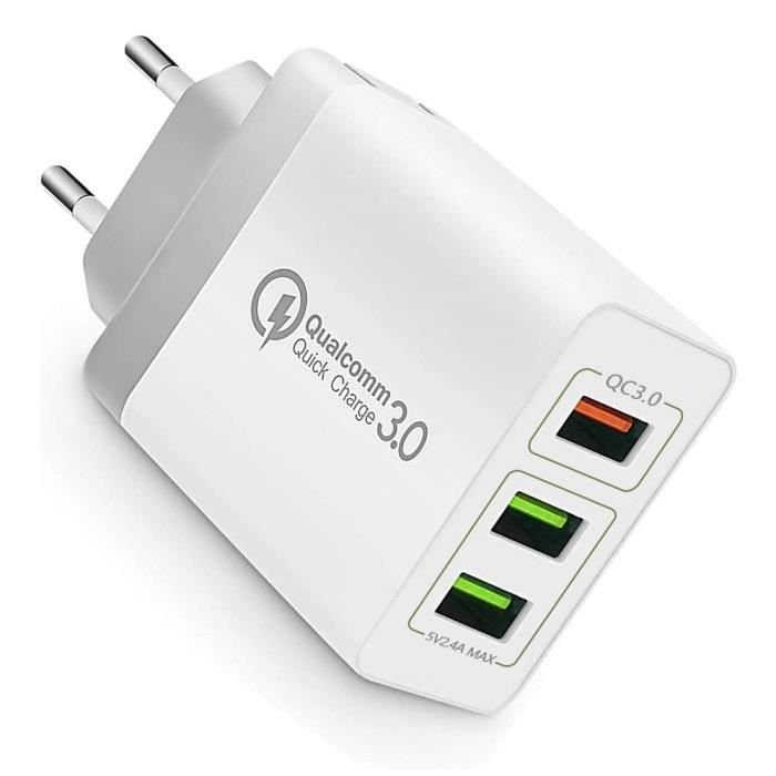 Chargeur Rapide USB Secteur Mural 3Ports QC3.0 Adaptateur Blanc Universel pour Samsung iPhone iPad Huawei Google etc