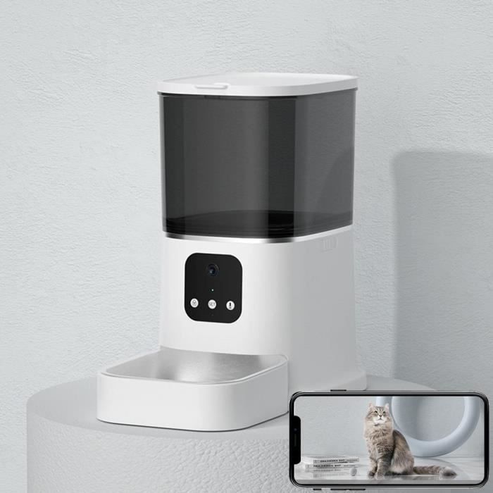 RUMOCOVO®Distributeur de nourriture,Mangeoire pour chat et chien, bol en acier inoxydable, 6L, 1-4 repas, caméra HD, WiFi,White