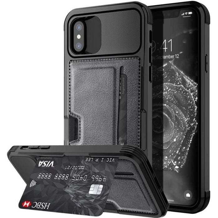 Coque iphone X coque silicone antichoc armor avec noir la fente de carte magnetic arrière cas