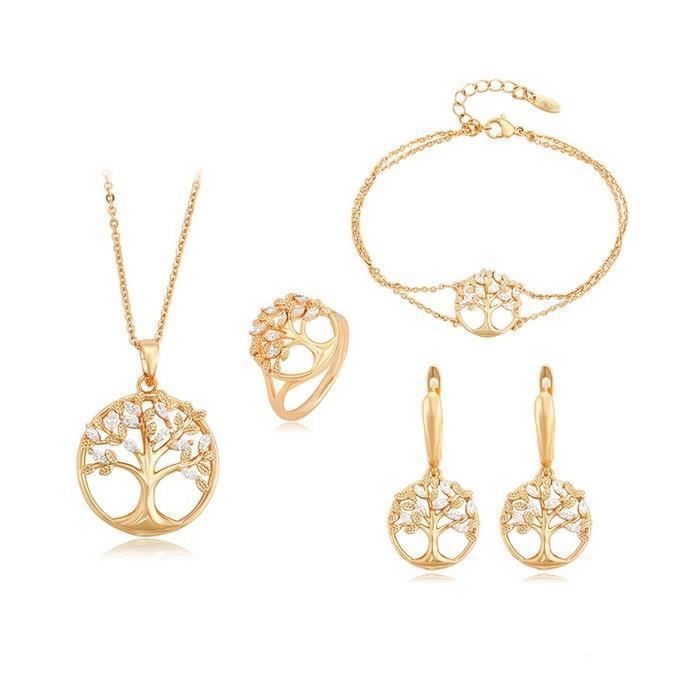 Coffret 5 Pièces Parure Bijoux Abre de Vie Bague 54 Plaqué Or Jaune 750/1000