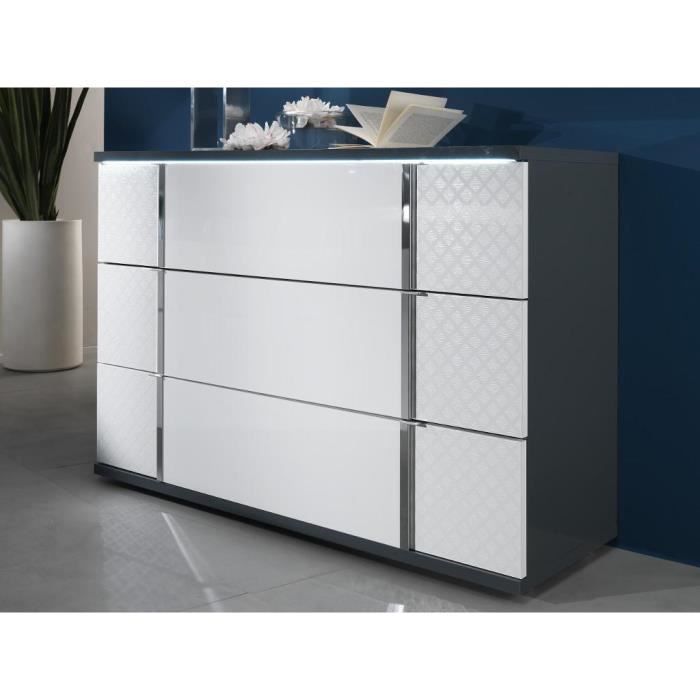 Commode CONSCIENCE - 3 tiroirs - Avec LEDs - Laqué blanc et gris