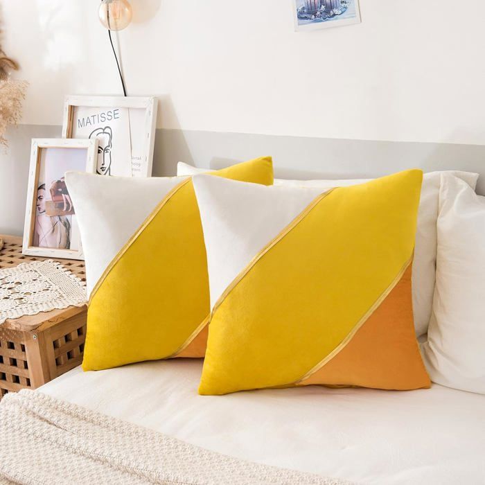 Lot De 2 Housses De Coussin Velours Doré 45x45 Cm - Déco Salon, Canapé, Lit, Fermeture Invisible - 9