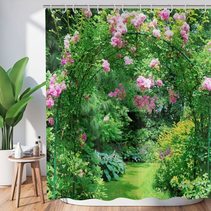 Rideau De Douche Anti-moisissure 3D Jardin Italien - 100x200 Cm, Tissu Polyester Imperméable Avec 12 Crochets