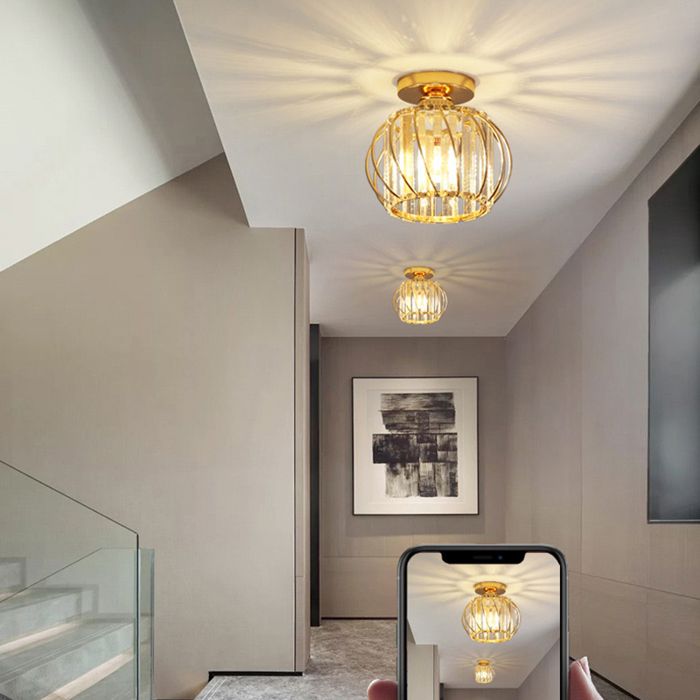 WOTTES Plafonnier en Cristal Moderne E27 LED Plafonnier Mini Lustre en Cristal pour Cuisine Couloir Entrée 2PCS Ø18CM Or