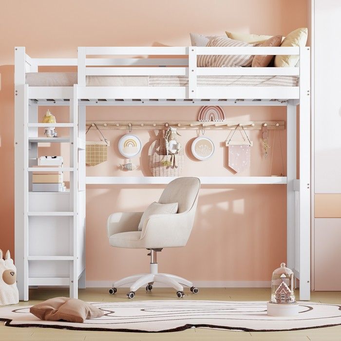 Dolamaní Lit mezzanine, 90 x 200 cm, lits superposés, avec escalier de rangement et toboggan, lit simple, avec garde-corps, pour enfants, avec rails de sécurité, blanc, 90 x 200 cm