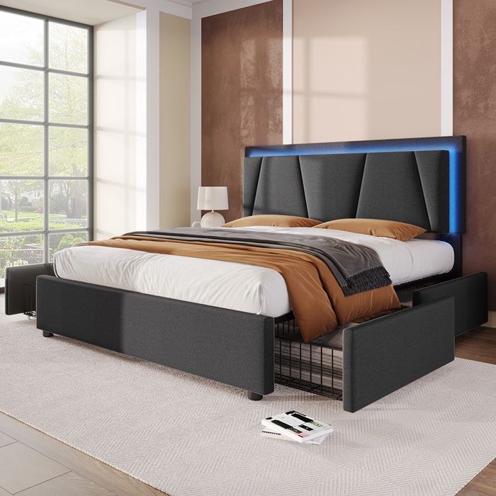 Lit Plateforme Rembourré Avec LED - 120x200 Cm, Tête De Lit Rembourrée, Cadre En Fer, Beige