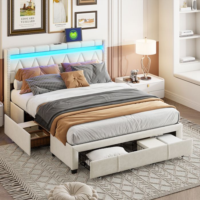 Cadre de Lit 160 x 200 avec Tiroirs Lit Adultes avec LED et USB Lit Rembourré en velours Lit Double Lit Capitonne Beige