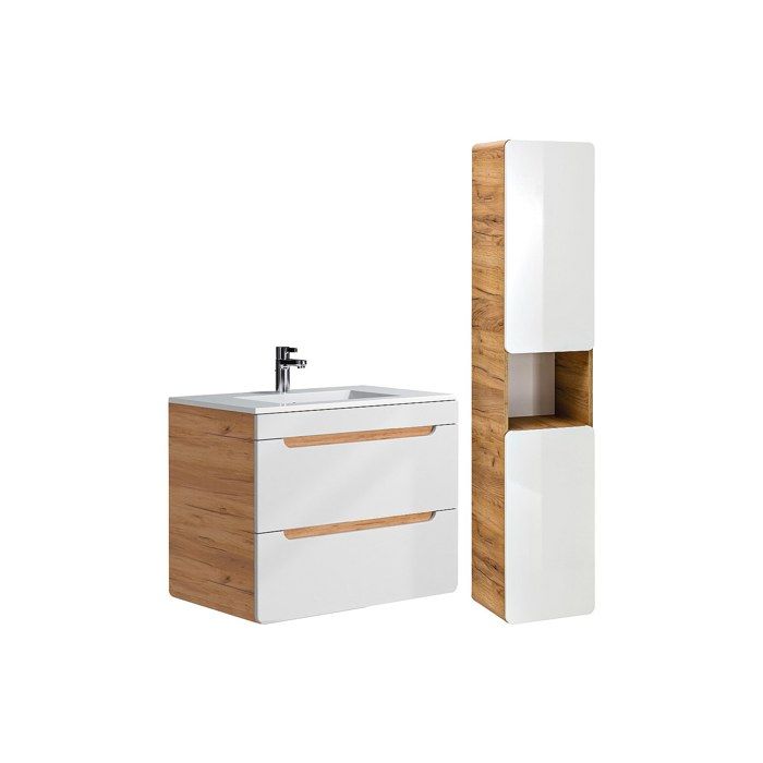 Meuble de salle de bain suspendu avec vasque à encastrer et colonne - Coloris naturel et blanc - 80 cm - ARUBA