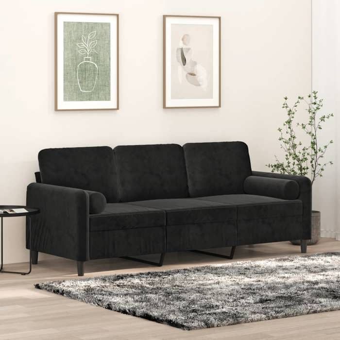 Noir Canapé Droit - KEETHE - Trois places - avec oreillers décoratifs - noir 180 cm velours LL1557