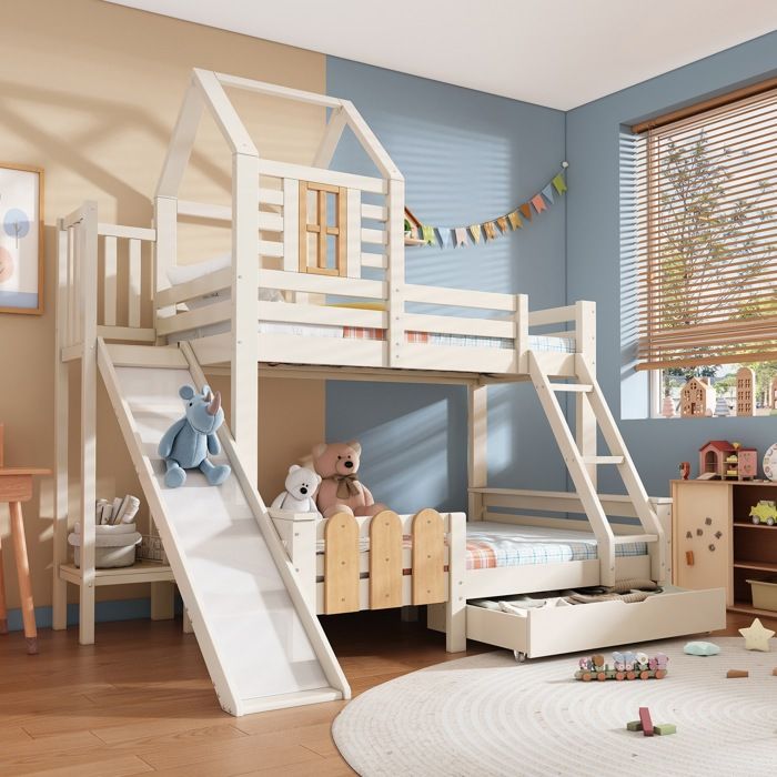 Lit superposé enfant 2/3 places 90/140×200 cm Lit cabane Lit double en bois avec toboggan tiroir fenêtre et sommier à lattes