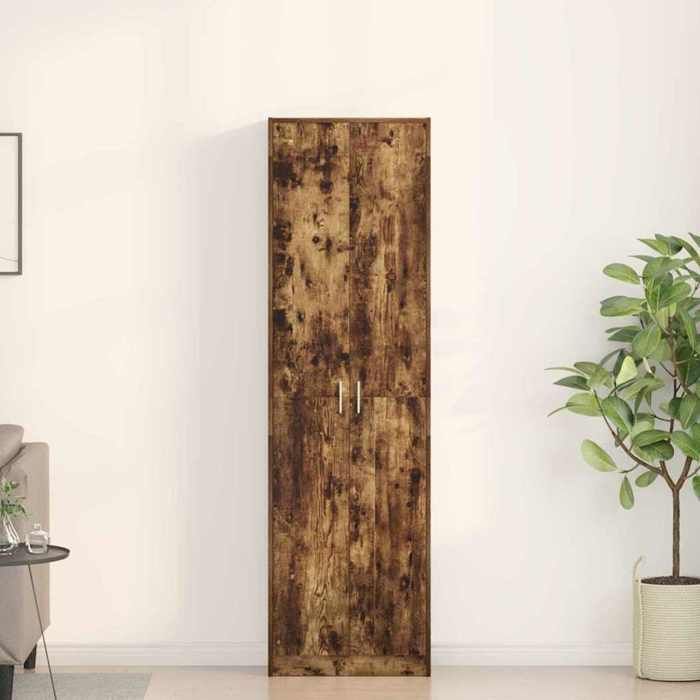 Armoire Chêne fumé style contemporain en bois dingénierie 55x25x189 cm 2 portes 5 étagères pour chambre et dressing