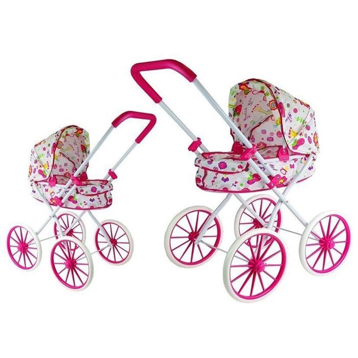 Poussette de poupée - LEAN TOYS - Poussette Fleur pour Poupée - Grandes roues stables - Rétro fleuri - Poignée 75 cm
