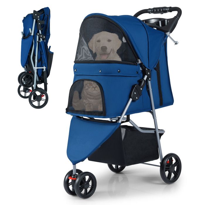 Poussette pour Animaux Pliable COSTWAY 3 Roues Auvent Réglable Coussin Amovible Lavable pour Chats Chiens Charge 15 KG Bleu Poussette pour Animaux Pliable COSTWAY 3 Roues Auvent Réglable Coussin Amovible Lavable pour Chats Chiens Charge 15 KG Bleu