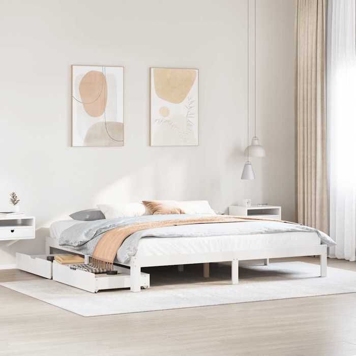 Structure de lit avec tiroirs - UU - Blanc - 200x200 cm - Bois de pin massif - Sommier à lattes - 2 tiroirs - Roulettes