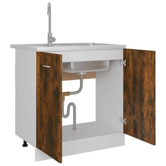 Meuble sous évier en bois dingénierie - WIENS - Chêne fumé - 80x46x815 cm - Grand espace de rangement