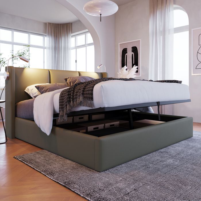 Lit coffre double 160x200 EVRYAE avec liseuses et charge USB sommier à lattes tête de lit PU gris