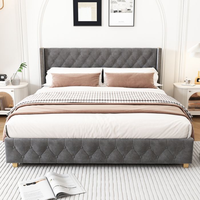 Lit Double 140x190 Rembourré Velours Gris - Tête de Lit et Sommier Lattes - Boutons Rivets et Pieds Bois sans Matelas