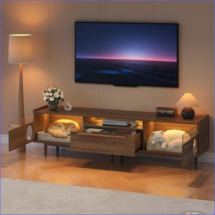 Mobilier TV & Divertissement - Console TV Noyer Conviviale Chat + LED + Portes Verre Trempé - Noyer
