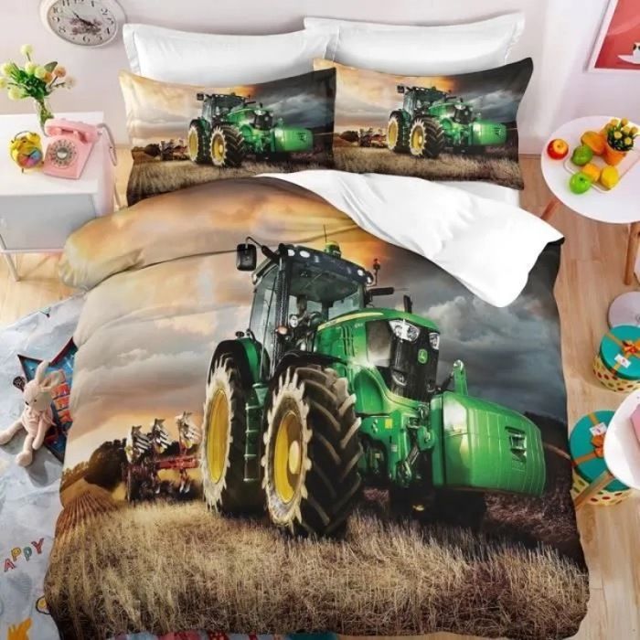Parure de lit Tracteur au coucher du soleil 3D effet 140*200cm 3 pieces 1 housse de couette et 2 taies doreiller HOUSSE DE COUETTE