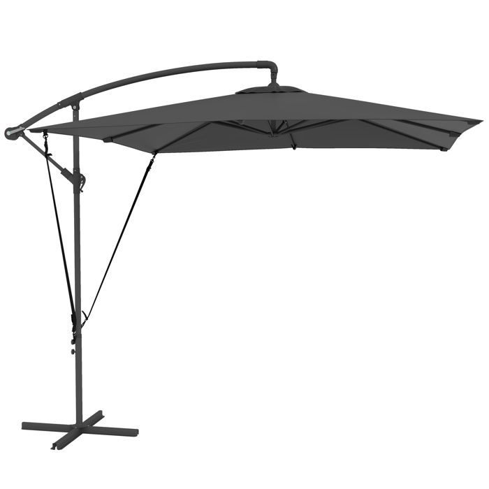 Parasol déporté - Outsunny - 25 x 25 m - Toile ajustable - 8 baleines - base en croix manivelle - Housse Protection - gris foncé