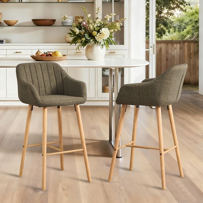 Tabourets de bar lot de 2 avec dossier haut et accoudoirs en lin vert 58.5x55x104 cm