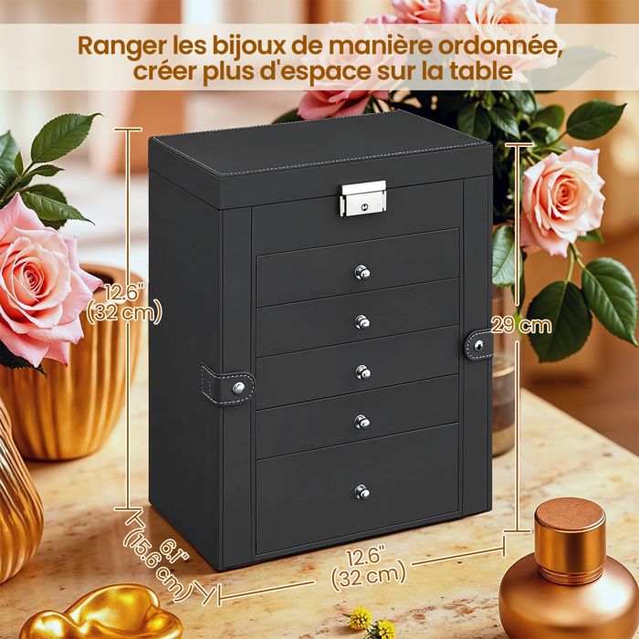 Boîte à Bijoux 6 Niveaux avec 5 Tiroirs Grande Capacité de Stockage avec Miroir Verrouillable Cadeau Pour Montres Noir