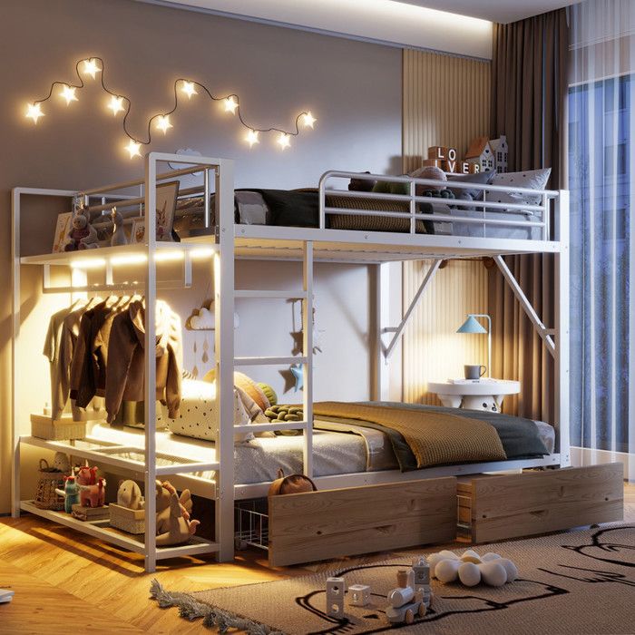 Lit superposé 140x200cm Cadre en fer Lit 2 tiroirs+plusieurs étagères avec barre lumineuse LED+avec tringle à vêtementsblanc