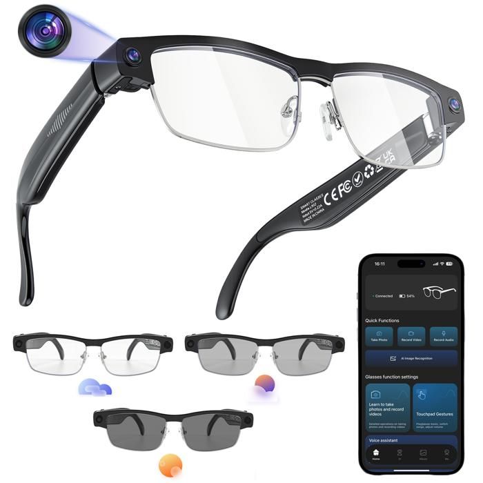 Smart Glasses AI avec Camera 4K HD 8MP Traduction en Direct Identification dObjets GPT Batterie 290 mAh