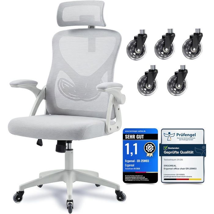 Chaise de bureau ergonomique maille avec appui-tête 2D WELLTIN soutien lombaire réglable accoudoirs relevables 140 kg gris