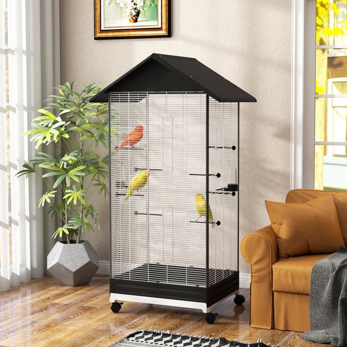 MOTHINESSTO3265-Cage oiseau sur pied volière oiseaux intérieure sur roulettes 2 mangeoires 8 perchoirs 79 x 65 x 155 cm fil dacier