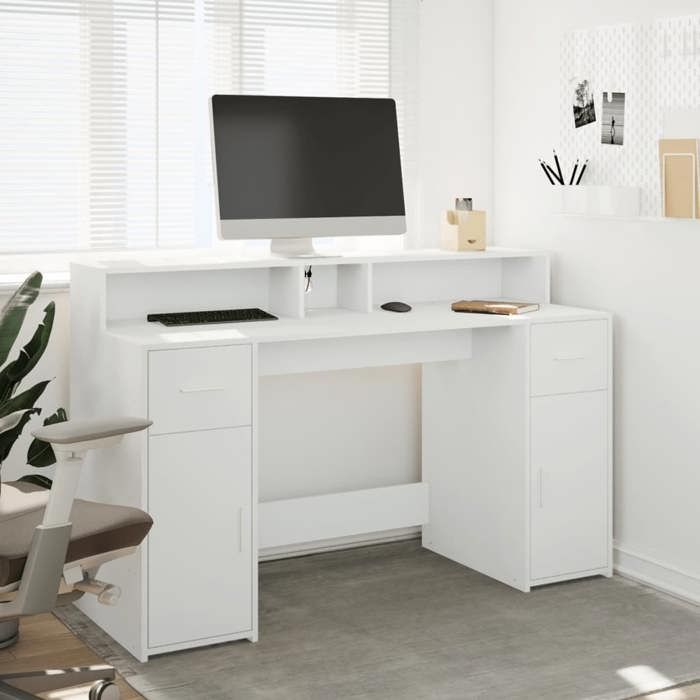 Bureau rectangulaire 1 pièce table résistance à lhumidité avec lumières LED blanc 140x55x91 cm bois dingénierie iXDo0w