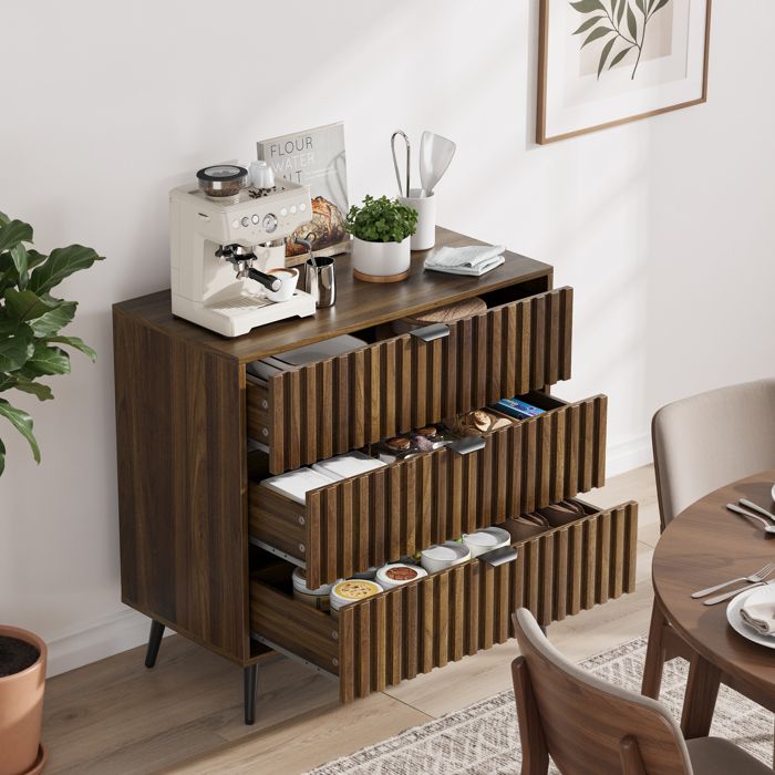 Commode avec 3 Tiroirs Meuble de Rangement en Bois Noyer Style Moderne Européen pour Salon et Chambre 80x39x78 cm