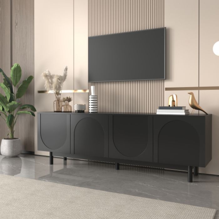 Meuble tv Noir moderne 175x38x56 cm tablettes ajustables lowboard de luxe -O.Ye