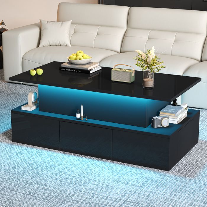 Table basse relevable EVRYAE 100 x 50 x 40 cm avec 4 tiroirs rangement caché et LED noire brillante salon