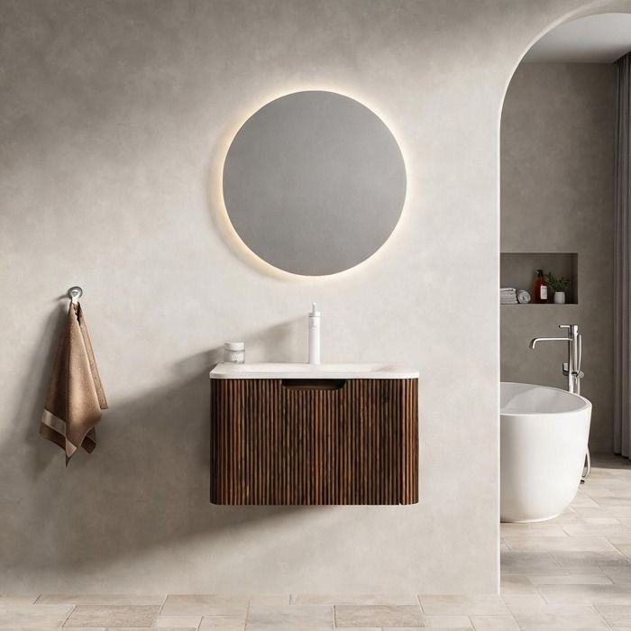 Meuble sous vasque suspendu 60 cm vasque intégrée en pierre frittée beige finition bois warm brown style contemporain