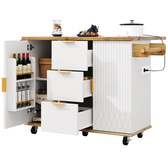Desserte de Cuisine Mobile avec Plan Rabattable et Prises USB - LPOSPI - 3 Tiroirs MDF et Métal Blanc 134 × 46/74 × 88 cm