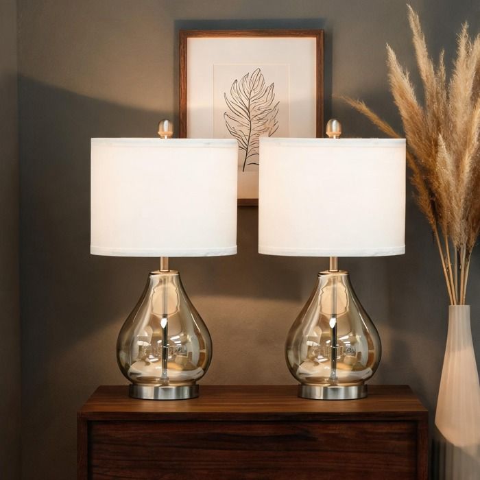 Set de 2 lampes à poser en lin beige et verre ambré – Ø30 x 56 cm – Douille E27