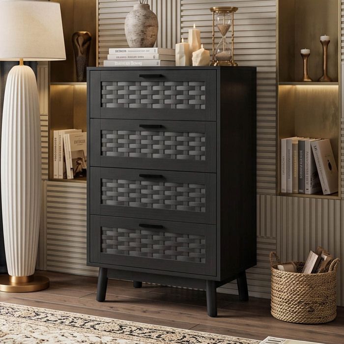 Commode de Chambre - 55x40 95 cm - 4 Tiroirs Effet Rotin PVC Facile à Nettoyer - Chiffonnier Noir avec Pieds en Bois Robustes