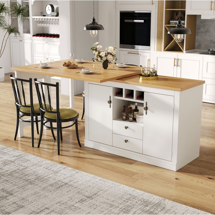 Buffet Bas Extensible 2 Portes 2 Tiroirs Plateau Pivotant 360° - MEUNIQ - avec Casiers à Bouteilles Blanc 120-180×40×76 cm